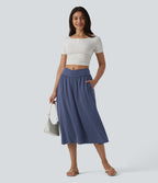 Jupe midi casual fluide croisée taille haute avec poches