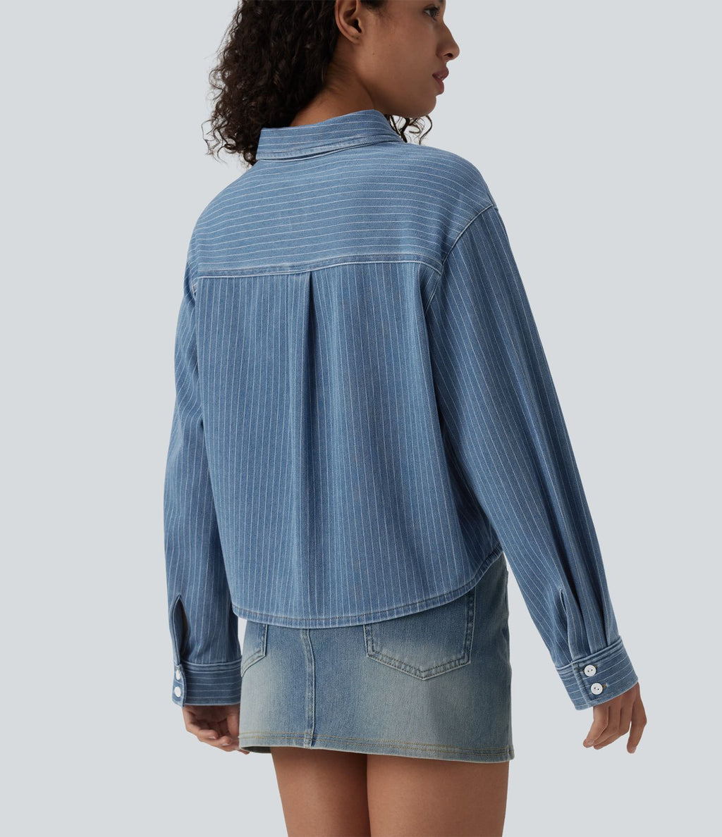 Halara Flex™ Chemise casual rayée en denim à manches longues avec poche