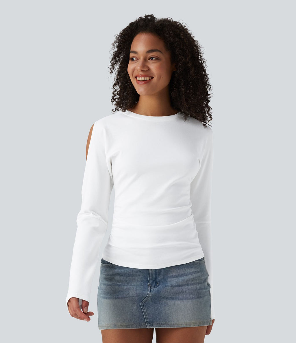 T-shirt décontracté en coton col rond manches longues découpes