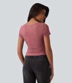 T-shirt décontracté col bateau manches courtes froncé