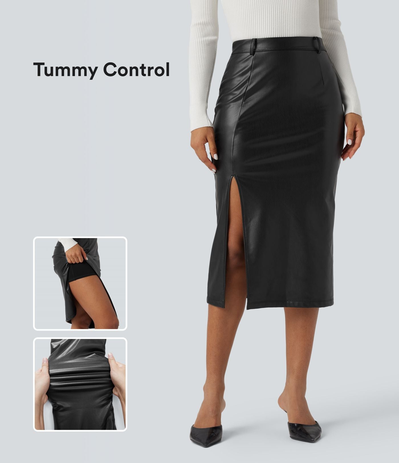 Jupe midi décontractée 2-en-1 tissu enduit taille haute gainante
