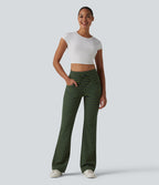 Pantalon évasé décontracté taille haute gainant à rayures en tissu gaufré avec cordon de serrage et poches