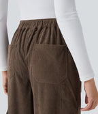 Pantalon cargo décontracté droit en velours côtelé, taille mi-haute, avec poches