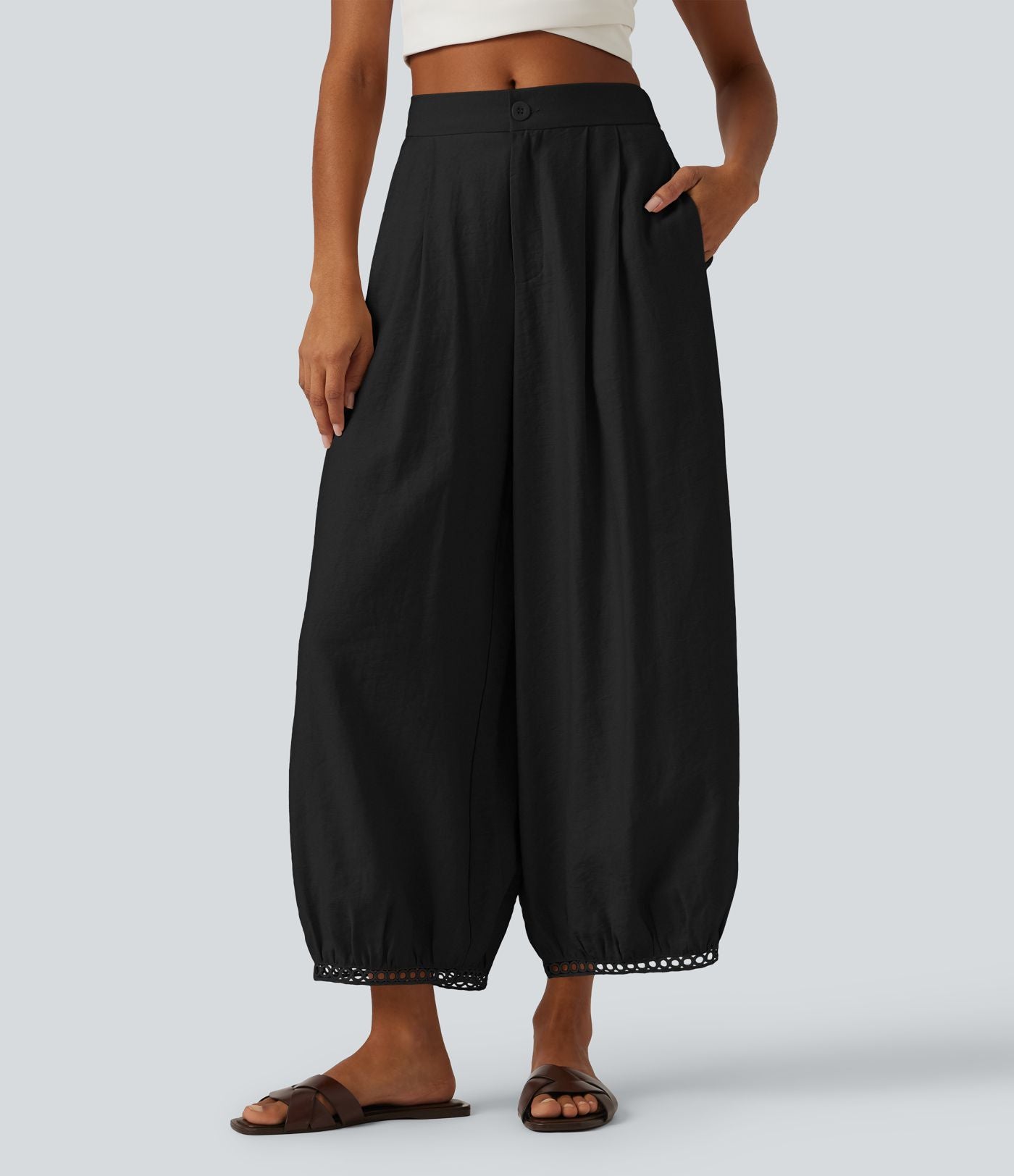 Pantalon casual barrel longueur 7/8 taille mi-haute à bordure ajourée avec poches