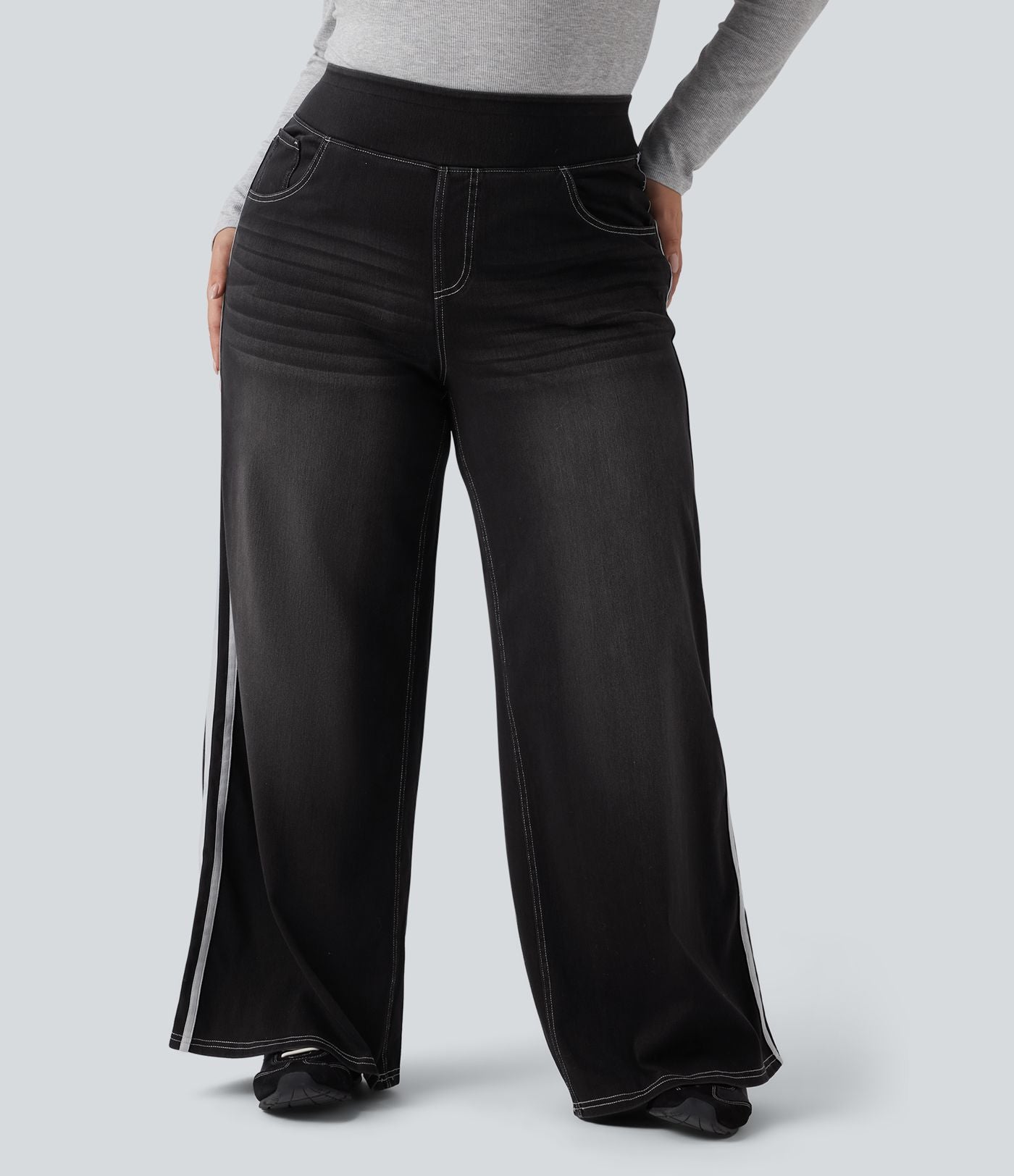 Halara Flex™ Jean large fluide taille haute à rayures délavé décontracté grande taille avec poches