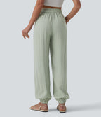Jogging casual large ample taille haute aspect lin à cordon de serrage avec poches