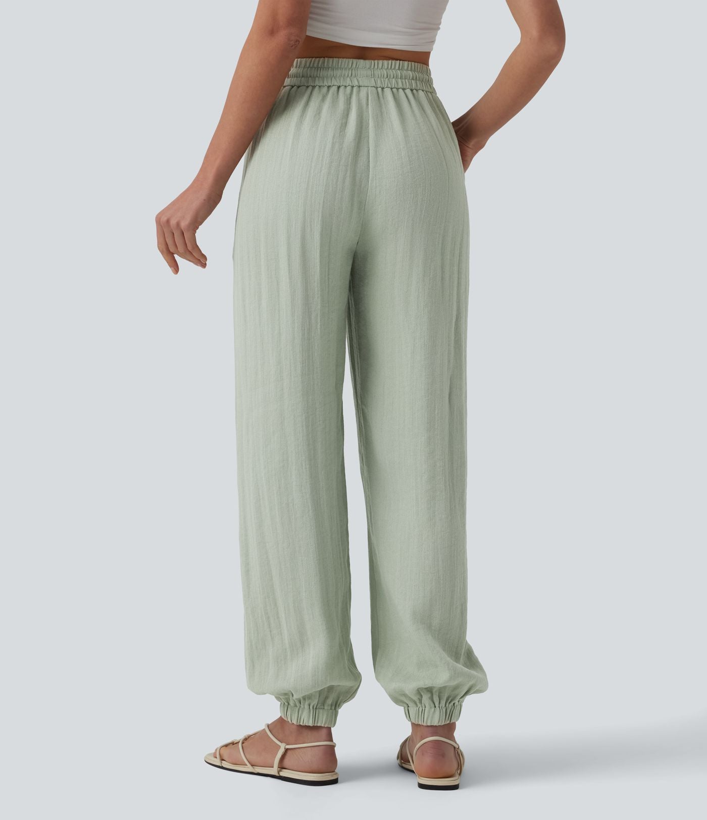 Jogging casual large ample taille haute aspect lin à cordon de serrage avec poches