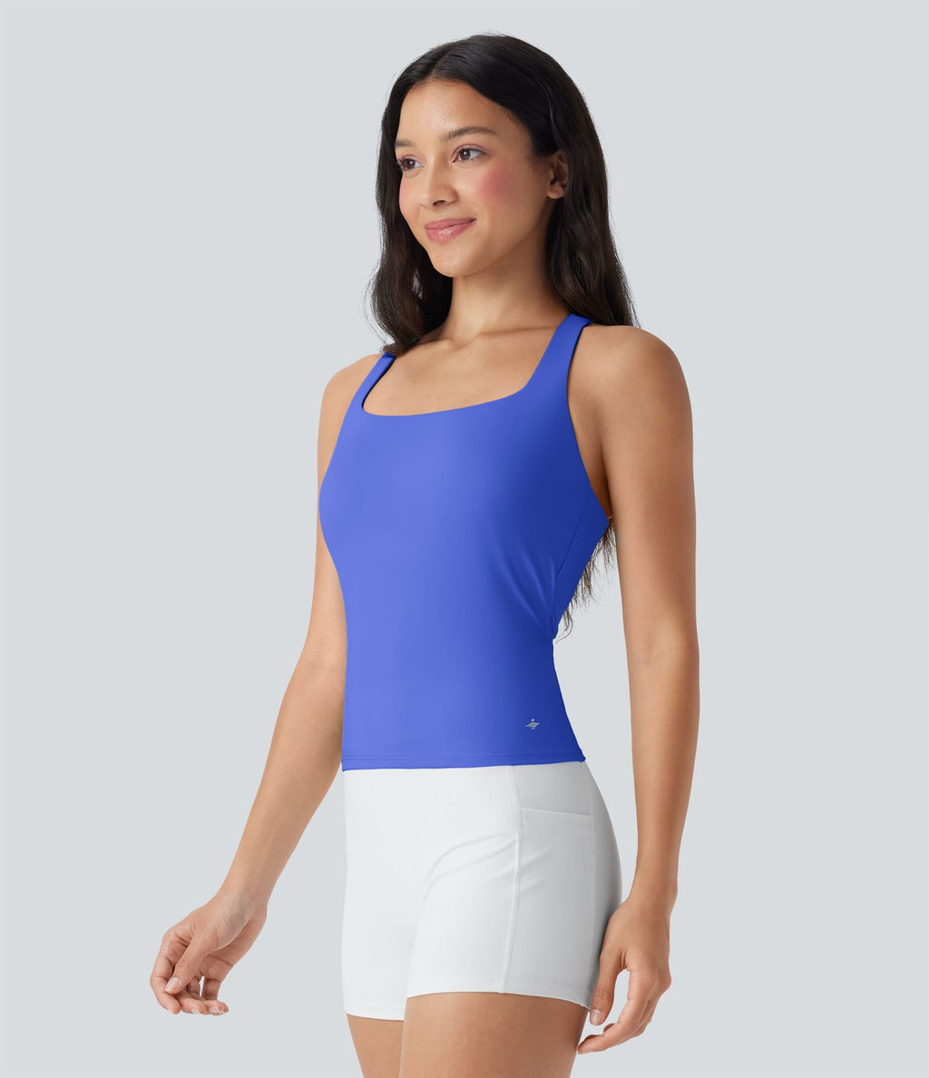 Débardeur de course crop top dos nu col carré bretelles croisées Softlyzero™ Airy Cool Touch - longueur rallongée - UPF50+