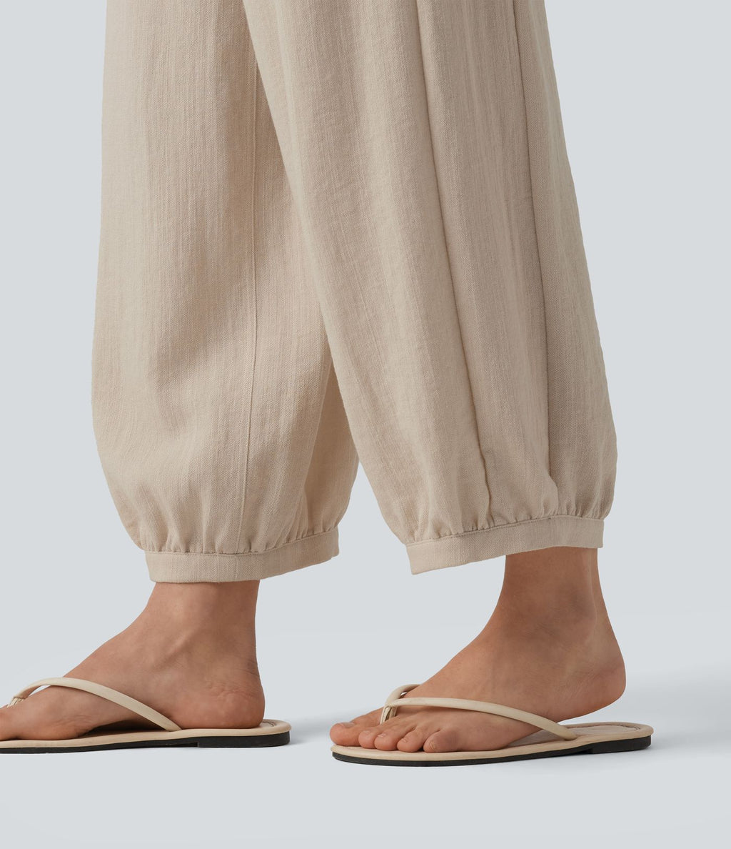 Pantalon casual bouffant aspect lin avec fronces taille haute et poches
