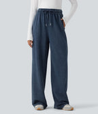 Pantalon jogging en coton molleton français délavé taille haute avec cordon de serrage et poches