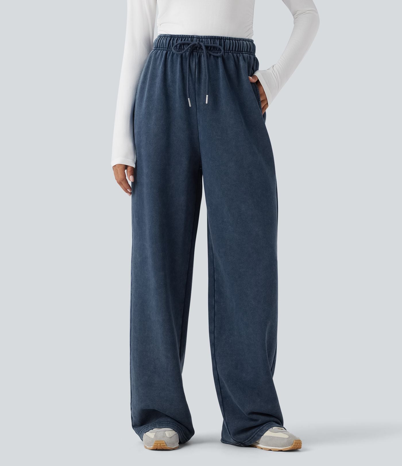 Pantalon jogging en coton molleton français délavé taille haute avec cordon de serrage et poches