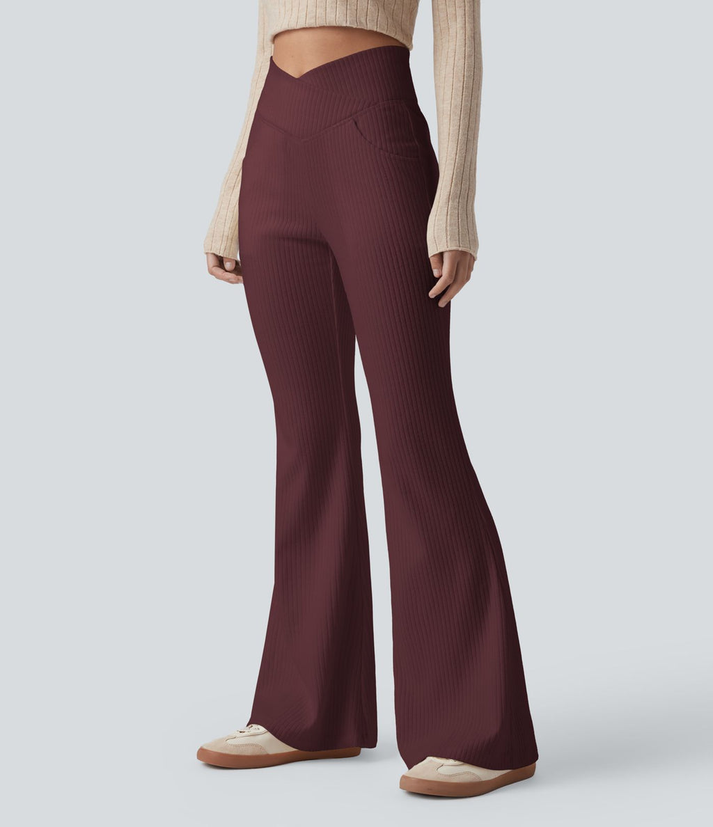 Pantalon Taille Haute Casual Évasés en Tricot Côtelé avec Poches Latérales et Croisé