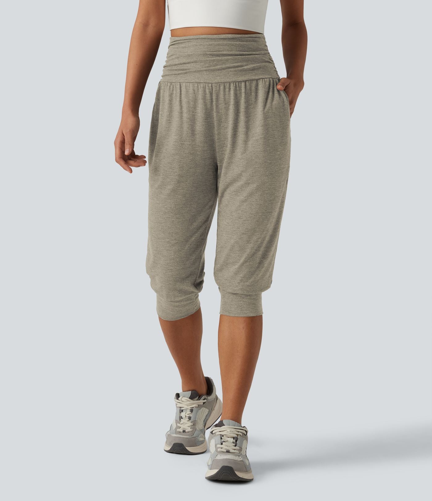 Jogging yoga corsaire chiné taille haute à fronces avec poches