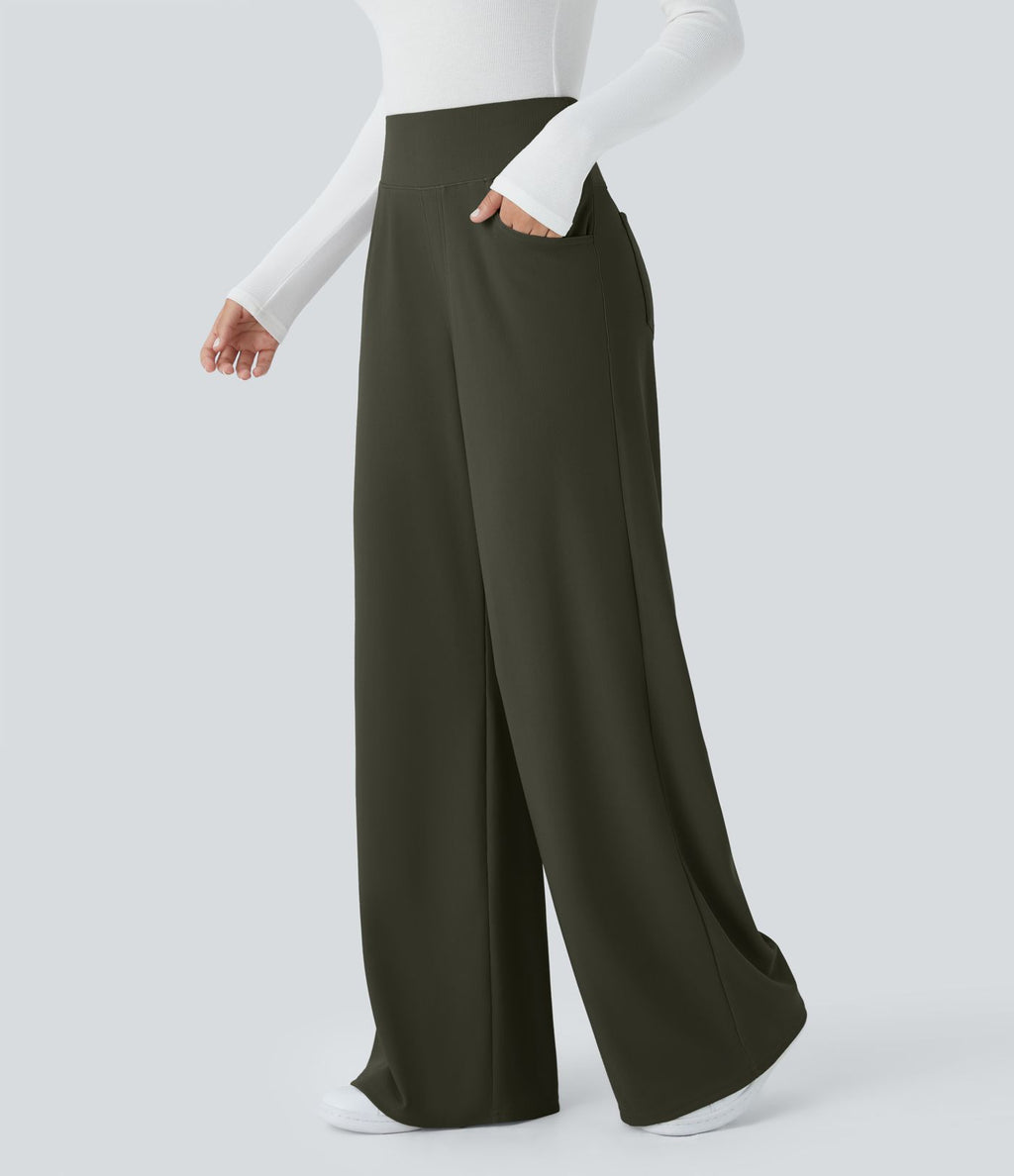 Pantalon tailleur large gainant taille haute en micro-gaufré avec poches Halara Flex™