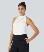 Blouse Travail Sans Manches Ourlet Courbé Col Haut Découpe au Dos Plis