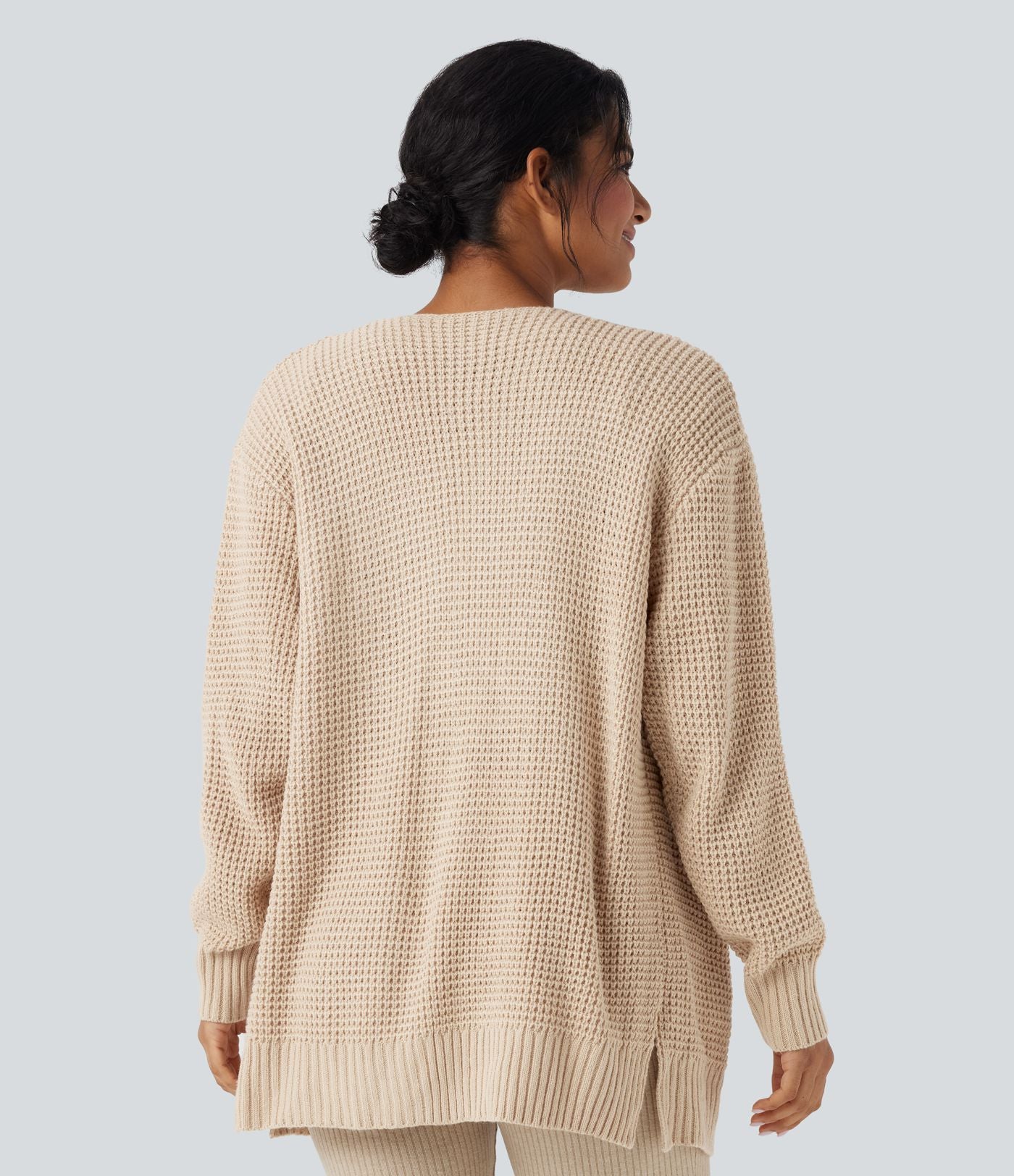 Cardigan décontracté gaufré manches longues avec poches