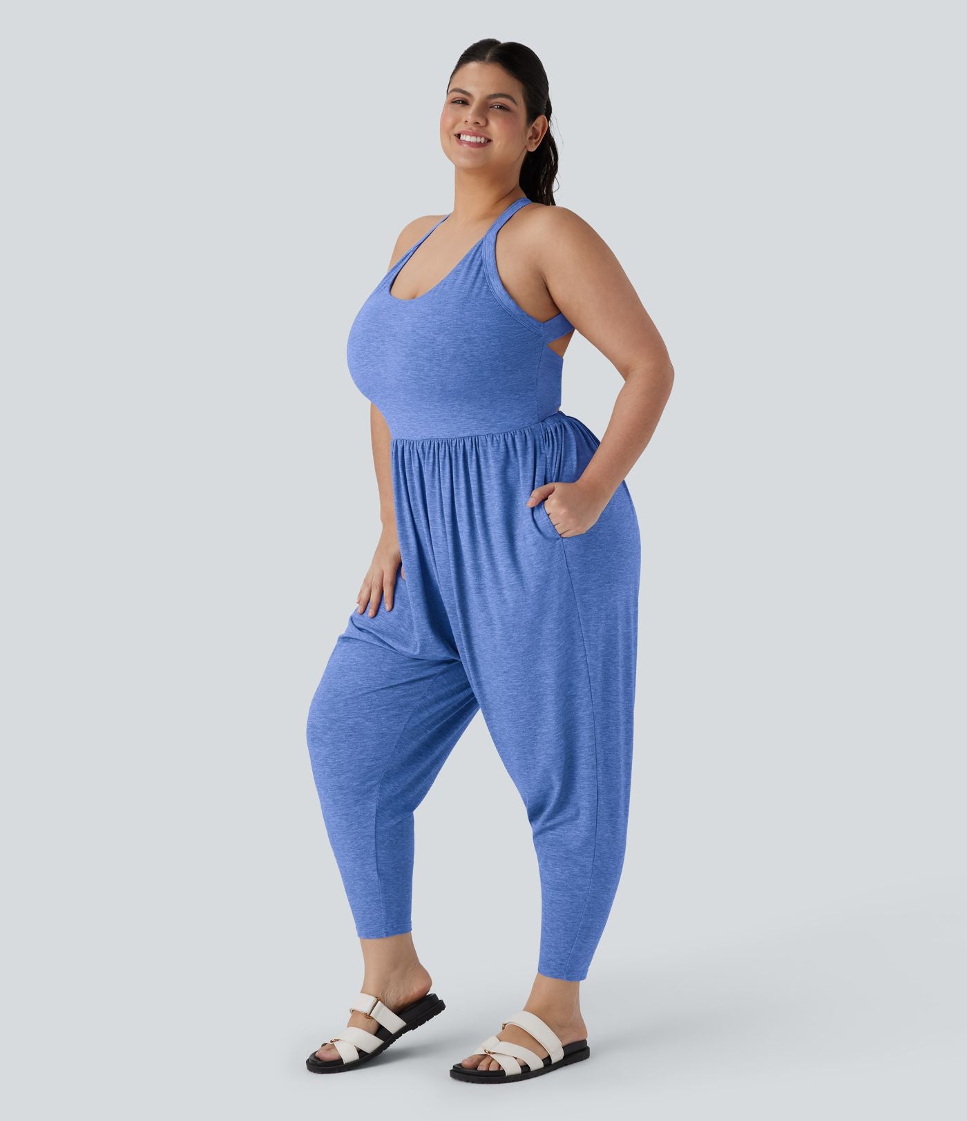 Combinaison sarouel dos nu torsadée grande taille avec poche latérale - Édition facile à enfiler