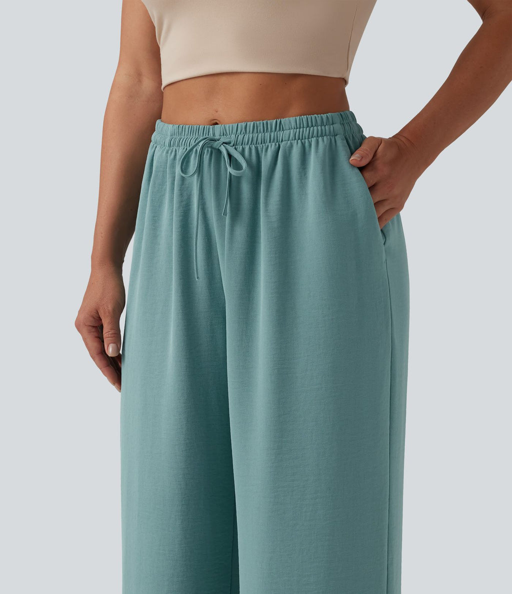 Pantalon large décontracté taille mi-haute avec cordon de serrage aspect lin avec poches