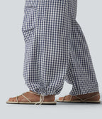 Pantalon ample décontracté à carreaux vichy, taille mi-haute, cordon de serrage et poches