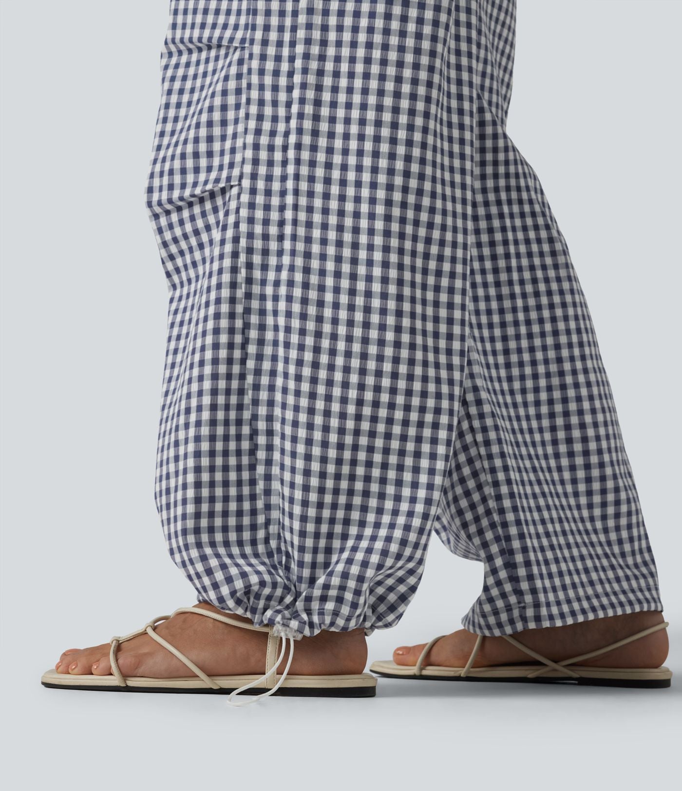 Pantalon ample décontracté à carreaux vichy, taille mi-haute, cordon de serrage et poches