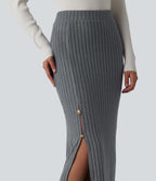 Jupe midi de bureau taille haute en maille côtelée
