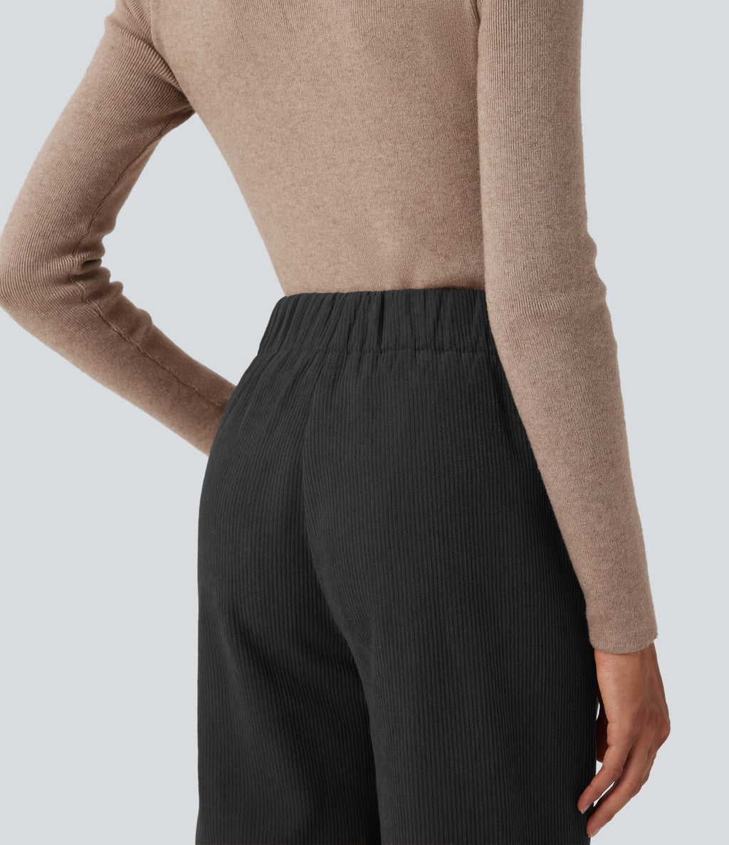 Pantalon ample décontracté velours côtelé taille haute avec poches