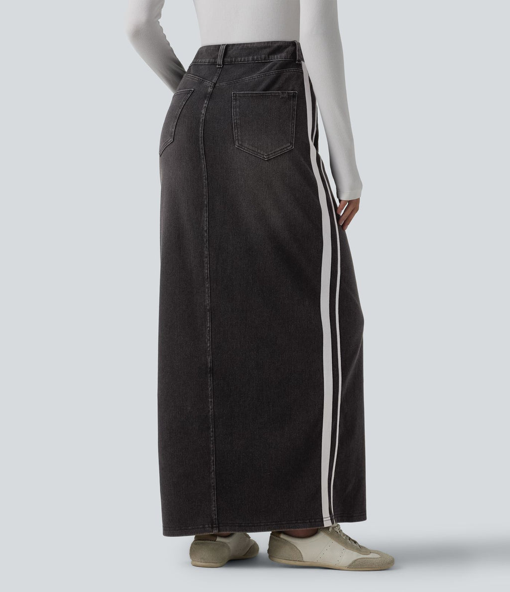 Jupe en jean longue décontractée délavée à rayures taille haute Halara Flex™ avec poches