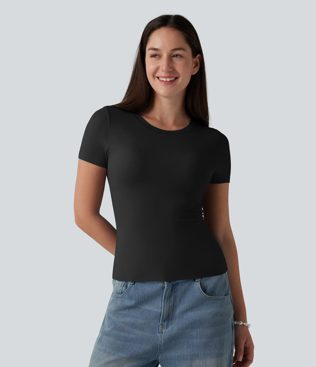 T-shirt décontracté col rond échancré à manches courtes avec soutien-gorge intégré bonnets B-DD