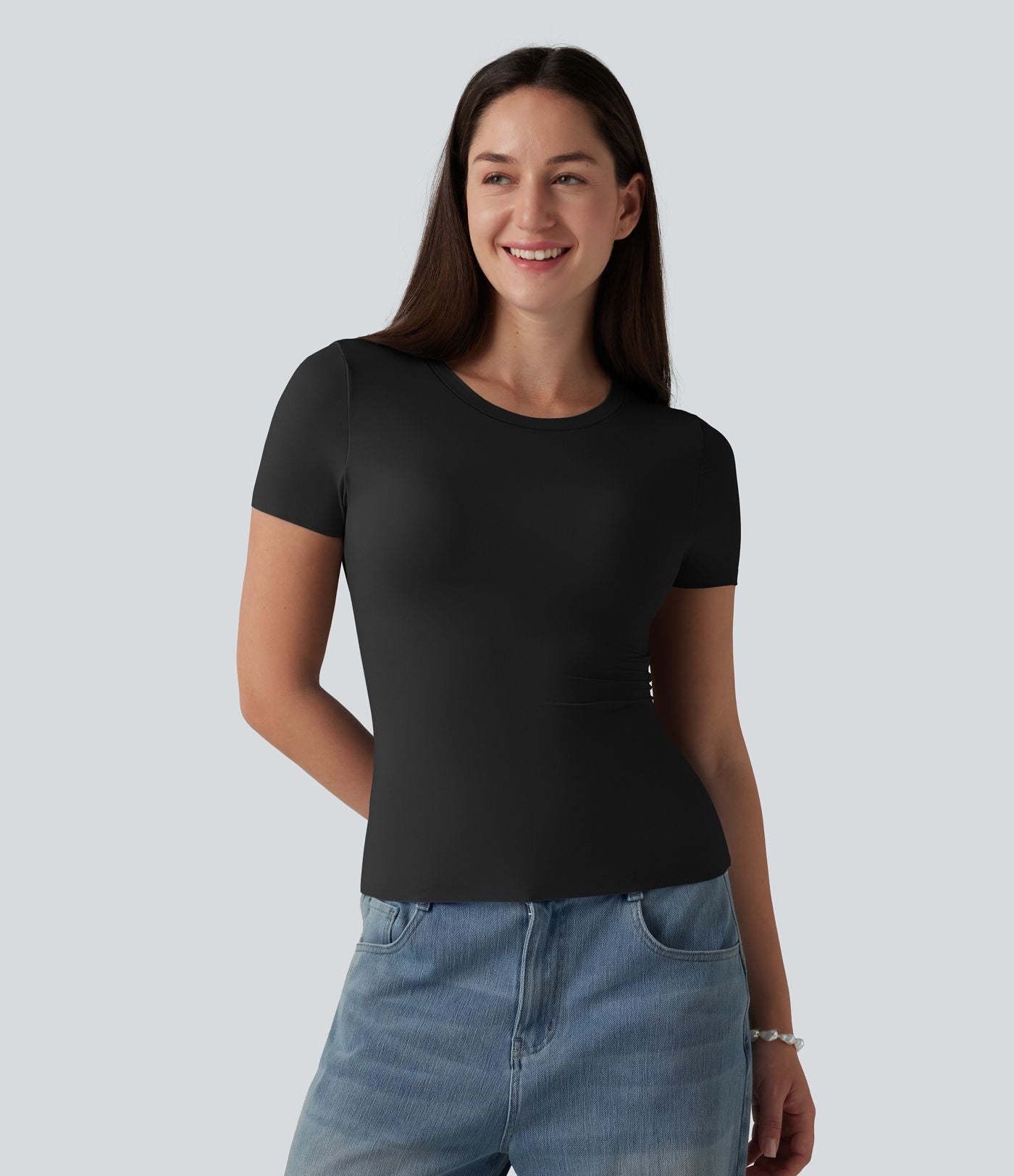 T-shirt décontracté col rond échancré à manches courtes avec soutien-gorge intégré bonnets B-DD