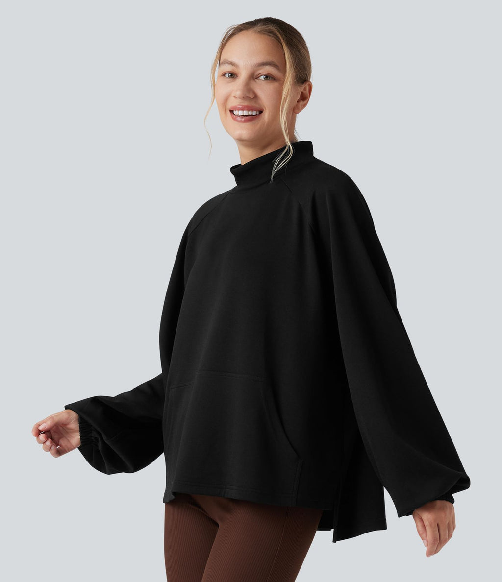 Sweat-shirt col montant à manches longues ourlet asymétrique avec poche