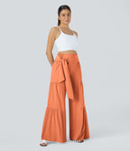Breezeful™ Pantalon Large Casual Taille Haute Froncé à Nouer Devant et Dos Fluide Séchage Rapide