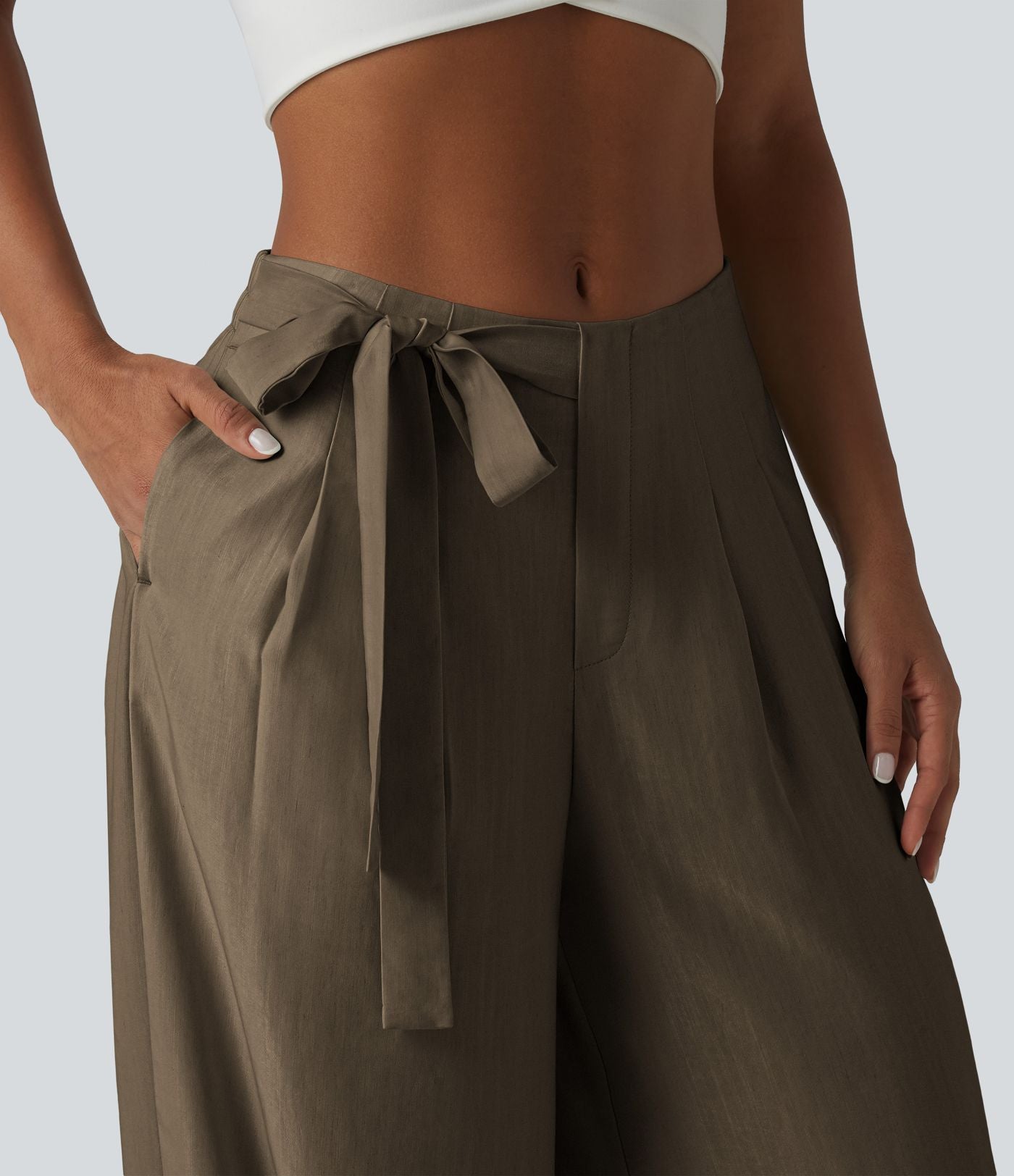 Pantalon large fluide taille haute en lin mélangé avec poches et liens latéraux