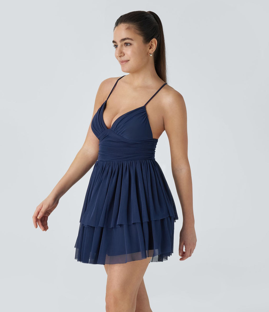 Robe Soirée Mini Superpositions en Maille avec Dos Nu Croisé Lacets