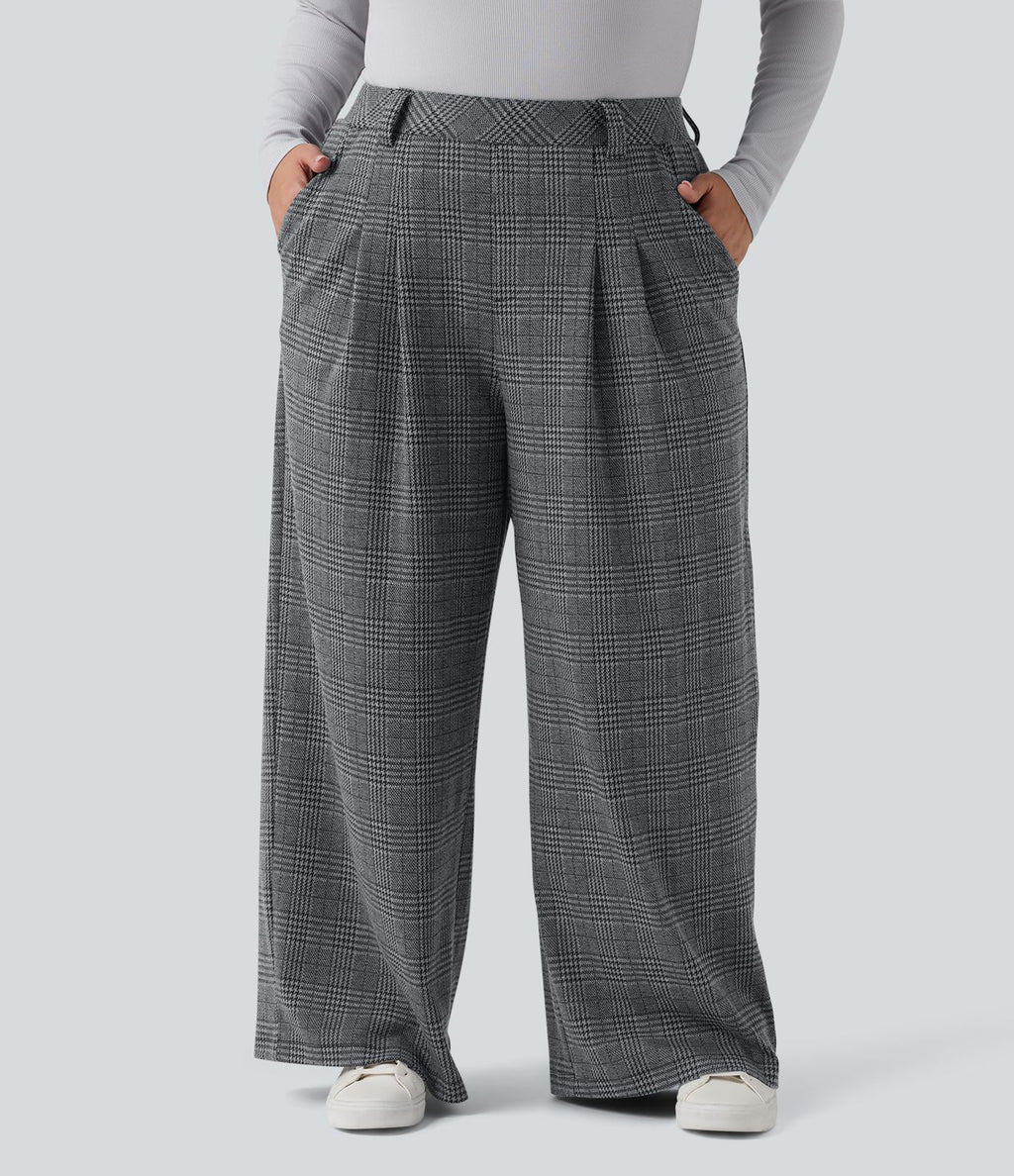 Pantalon décontracté grande taille large taille haute à carreaux pied-de-poule avec poches