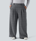 Pantalon décontracté grande taille large taille haute à carreaux pied-de-poule avec poches