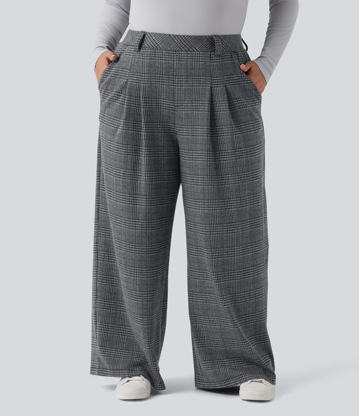 Pantalon décontracté grande taille large taille haute à carreaux pied-de-poule avec poches