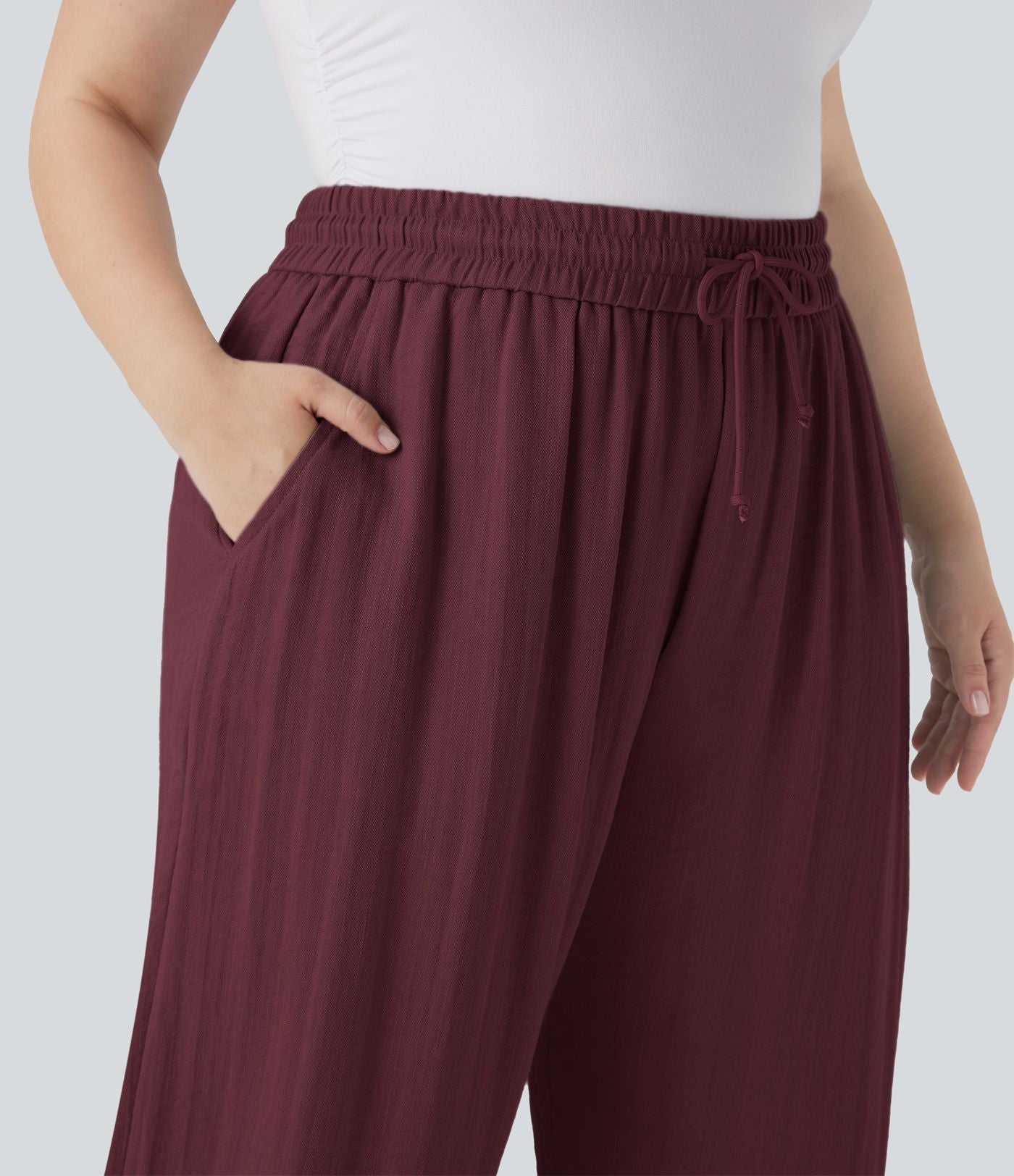 Pantalon décontracté grande taille large fluide taille haute effet lin avec cordon de serrage et poches