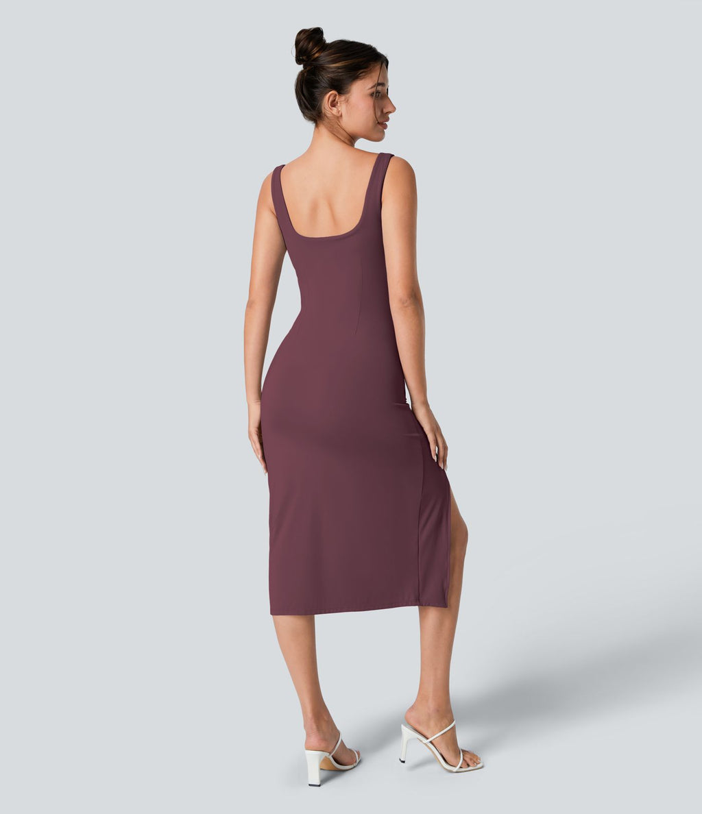 Robe corset midi moulante ruchée à encolure carrée, dos nu, brassière intégrée