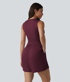 Combishort casual côtelé sans manches col V, fronces et soutien-gorge intégré, avec poches – Easy Peasy
