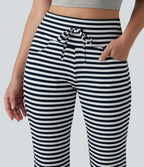 Pantalon évasé décontracté taille haute gainant à rayures en tissu gaufré avec cordon de serrage et poches