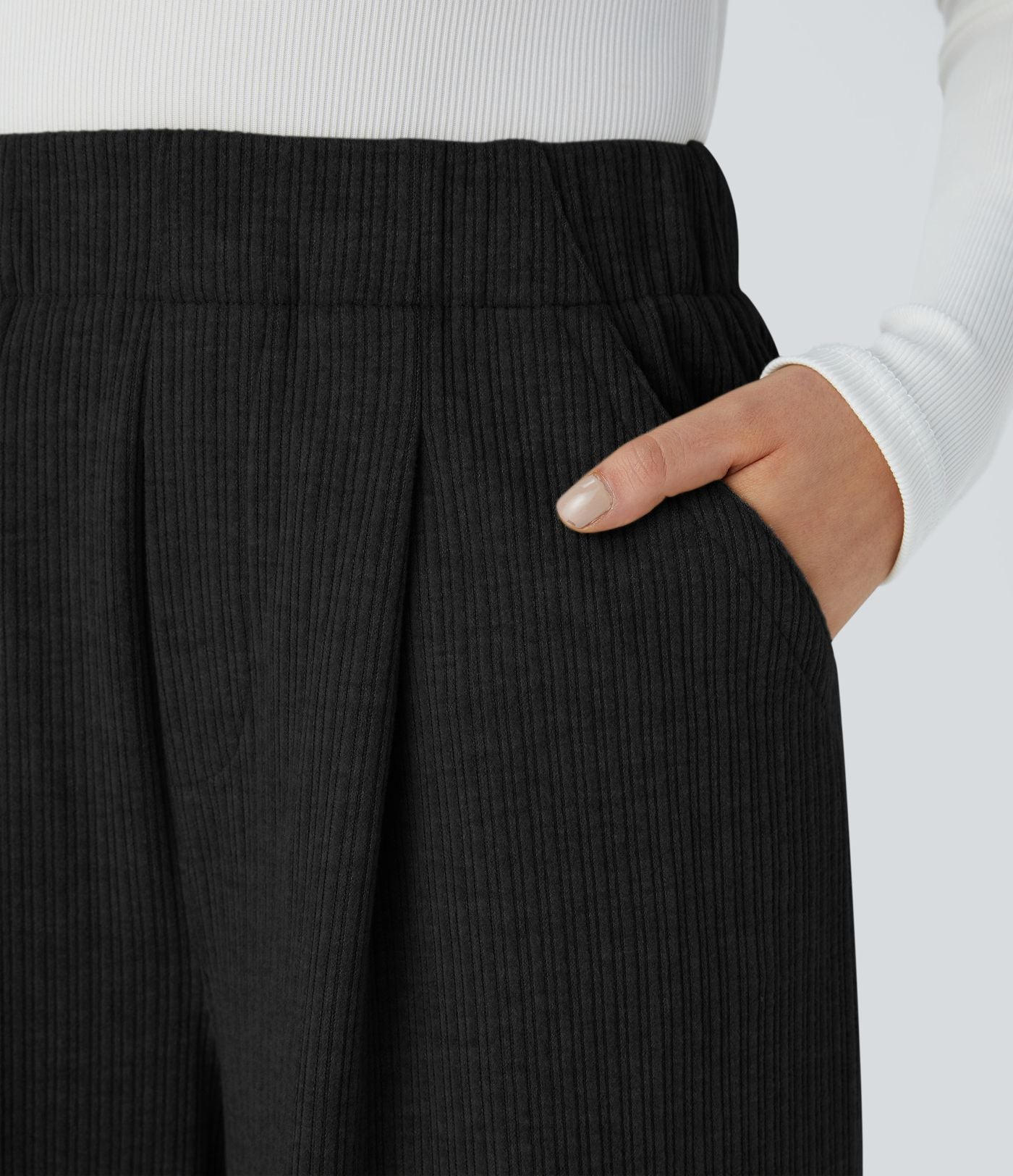 Pantalon décontracté large côtelé, taille haute, avec poches