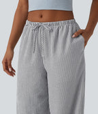 Pantalon large casual taille basse aspect lin rayures avec cordon de serrage et poches