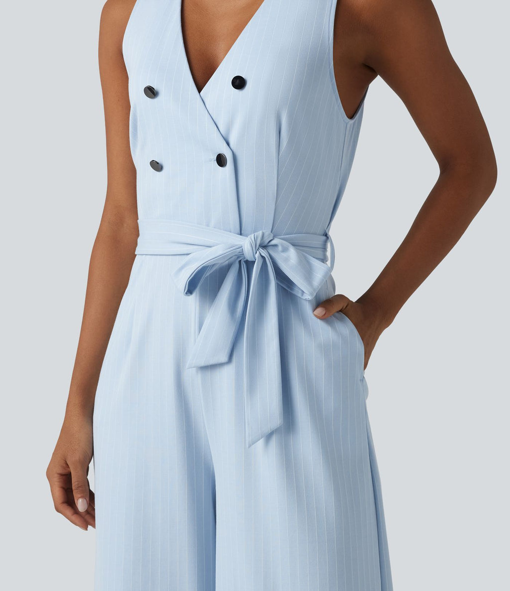Combinaison tailleur sans manches à col V, ceinturée, avec zip invisible, rayures et effet frais avec poches, accès facile Easy Peasy