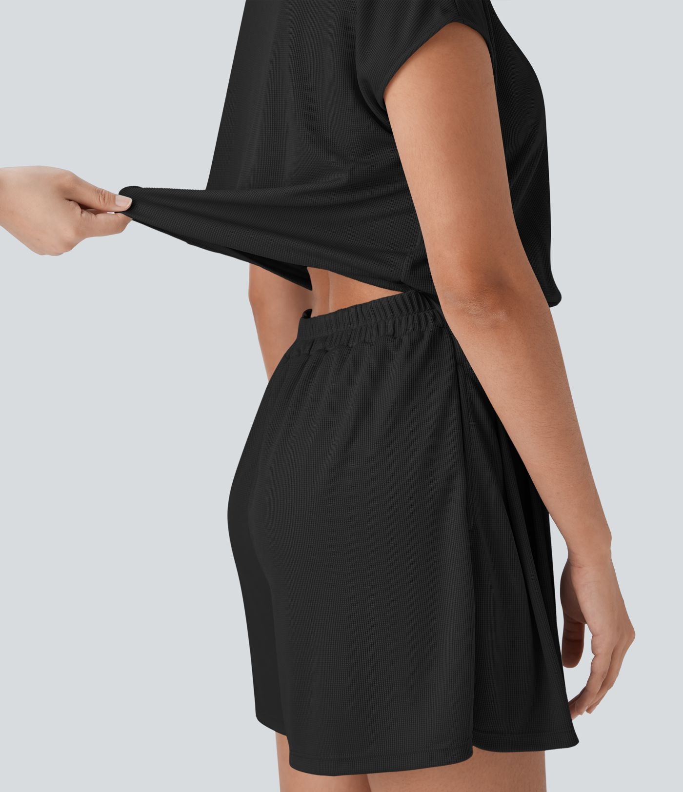 Combishort Décontracté en Tissu Gaufré avec Col V, Manches Courtes et Poches Latérales - Édition Easy Peasy