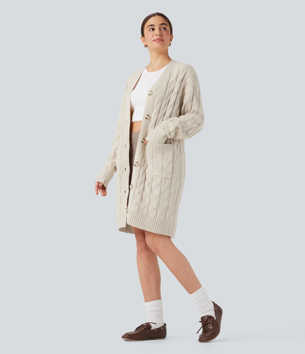 Cardigan décontracté long col V manches longues avec poches