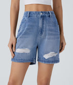 Halara Flex™ Short en denim extensible taille haute avec poches multiples, déchirures, ourlet roulotté et effet délavé