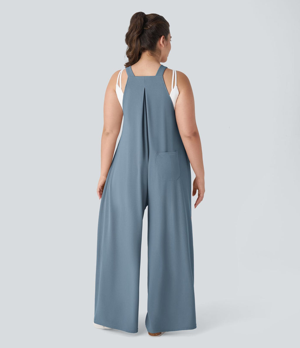 Salopette Casual Grande Taille en Gaufré avec Bretelles Ajustables Boutons et Poches Multiples