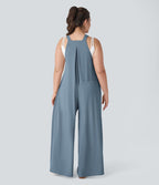Salopette Casual Grande Taille en Gaufré avec Bretelles Ajustables Boutons et Poches Multiples