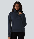 Sweat-shirt décontracté col revers demi-zip manches longues avec trous pour pouces et poches