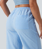 Pantalon casual coupe droite taille mi-haute vichy à cordon de serrage avec poches